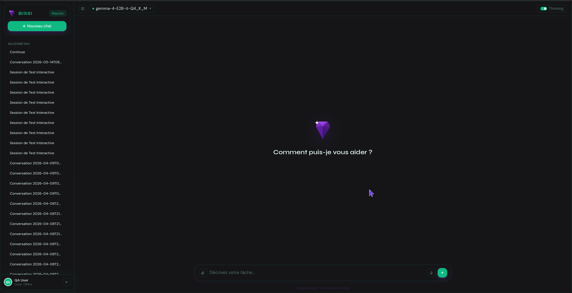 Interface de l'agent IA Bissi en mode sombre